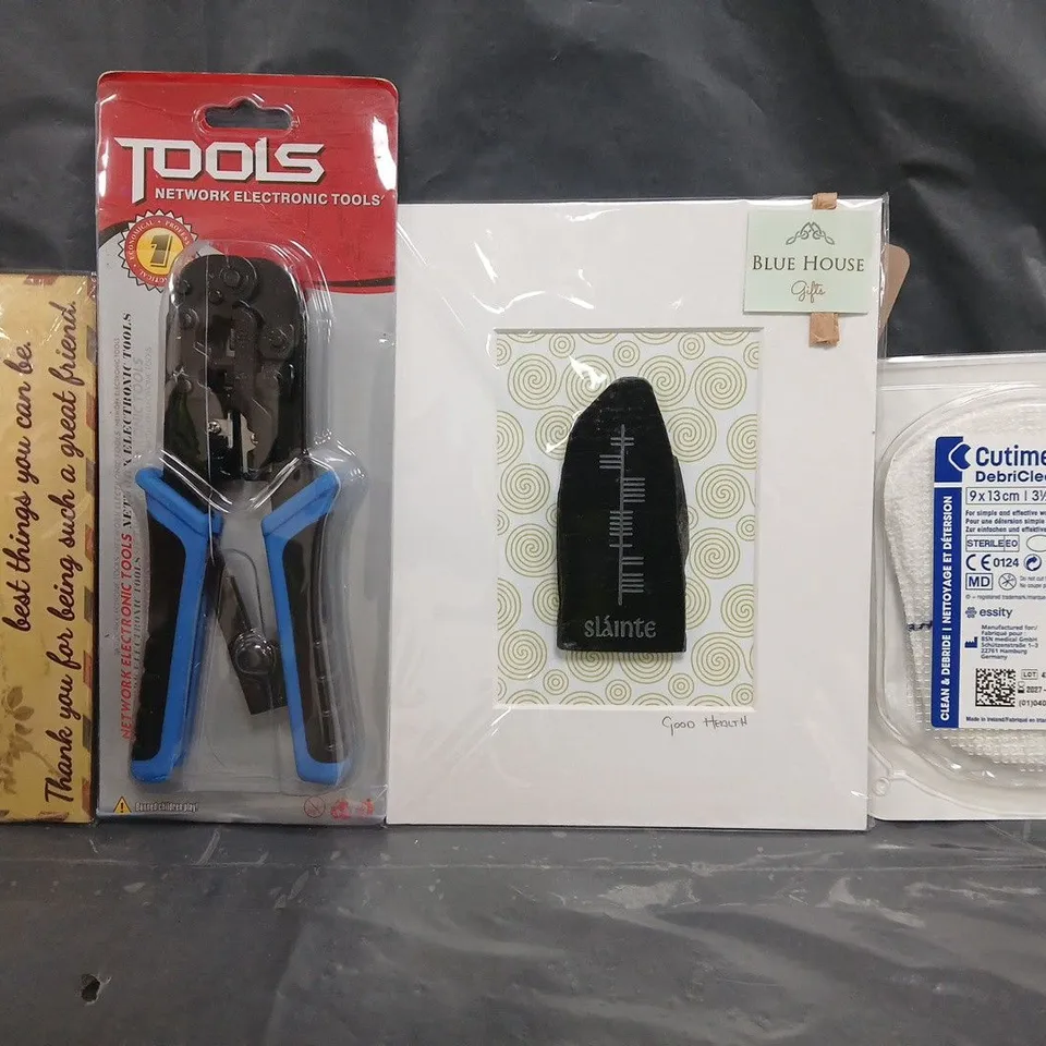 APPROXIMATELY 8 ASSORTED HOUSEHOLD ITEMS TO INCLUDE CRIMPING TOOL, ETC