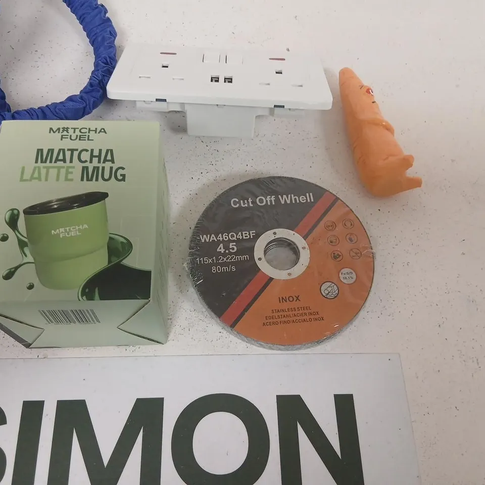 MISCELLANEOUS LOT: MATCHA LATTE MUG BOXED SET, CUT-OFF WHEEL, BLUE COILED HOSE AND HARDWARE