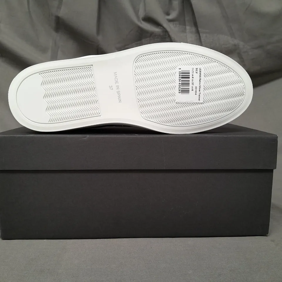 BOXED PAIR OF MINT VELVET LEANNA RETRO TRAINERS IN METALLIC SILVER UK SIZE 4