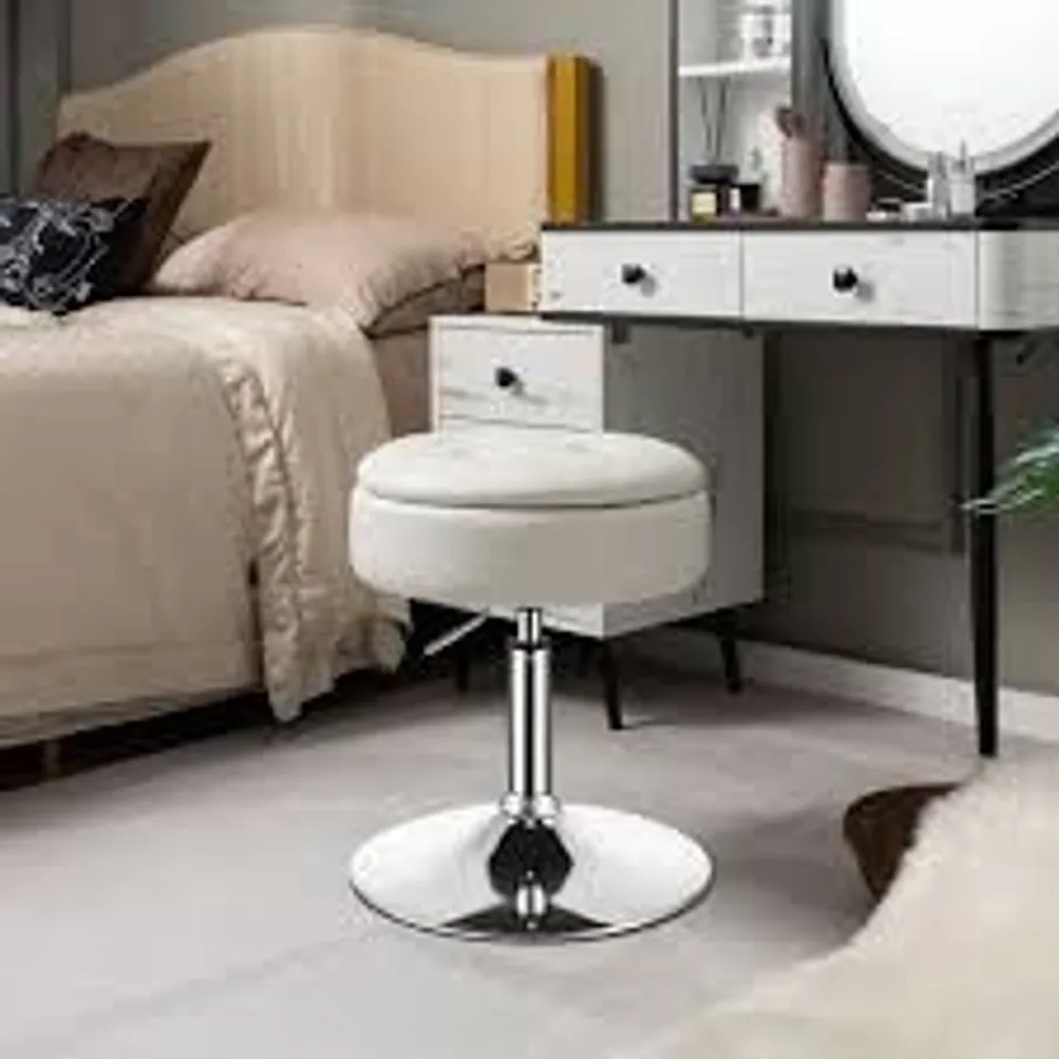 BOXED COSTWAY WHITE SWIVEL VANITY STOOL WITH REMOVABLE TRAY LID