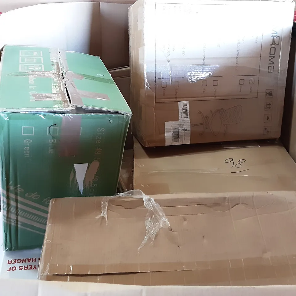 PALLET OF ASSORTED PRODUCTS INCLUDING HOMIDEC, JOISCAPE, COMHOMA OFFICE CHAIR, EMALL LIFE,  ERGONOMIC DESK CHAIR, 3 LAYERS OF CLOTHES HANGERS 
