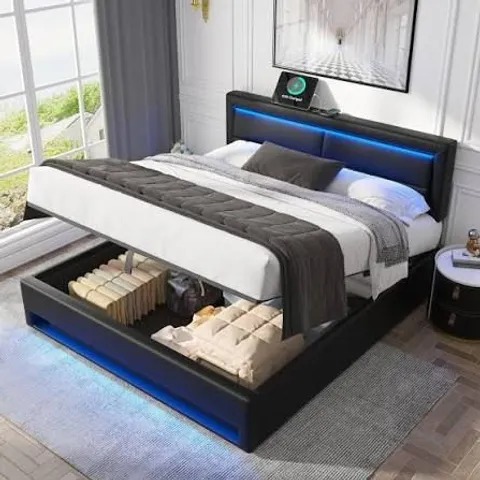 BOXED UPHOLSTERED BED SUPER KING SIZE (6FT) WITH USB & LED, STORAGE, PU LYCHEE PATTERN, BLACK (2 BOX)