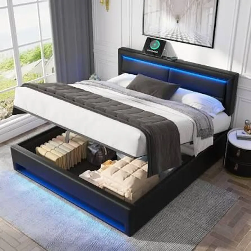 BOXED UPHOLSTERED BED SUPER KING SIZE (6FT) WITH USB & LED, STORAGE, PU LYCHEE PATTERN, BLACK (2 BOX)