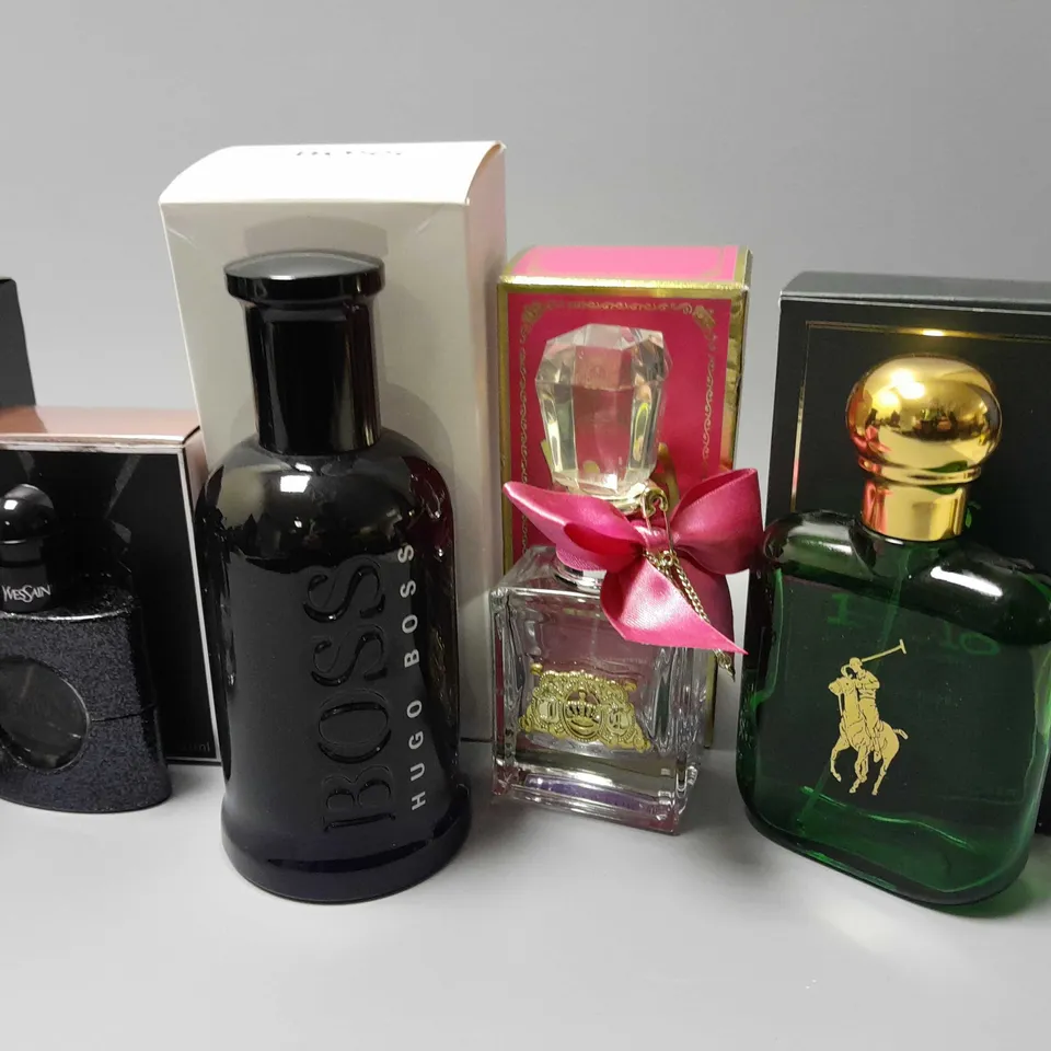 APPROXIMATELY 8 BOXED EMPTY FRAGRANCES BOTTLES TO INCLUDE POLO RALPH LAUREN EAU DE TOILETTE, HUGO BOSS BOTTLED UNLIMITED, VIVA LA JUICY COURTURE, ETC