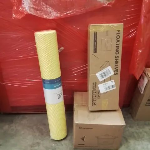 PALLET OF ASSORTED HOUSEHOLD GOODS AND PRODUCTS TO INCLUDE;FLOATING SHELVES,CHAFING DISH,YOGA MAT 