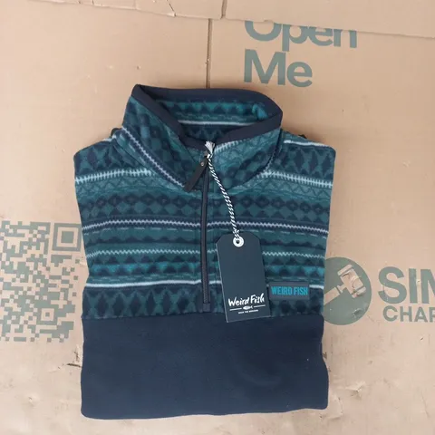 WEIRD FISH GILBERT 1/4 ZIP STRIPED MICROFLEECE IN CEDAR GREEN/NAVY SIZE LARGE
