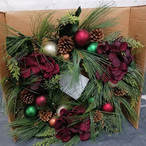 RED HYDRANGEA PRE-LIT CHRISTMAS WREATH