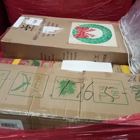 PALLET CONTAINING ASSORTED PRODUCTS INCLUDING CHRISTMAS TREE, CHRISTMAS WREATH, SHOWER PANEL & EXERCISE BIKE