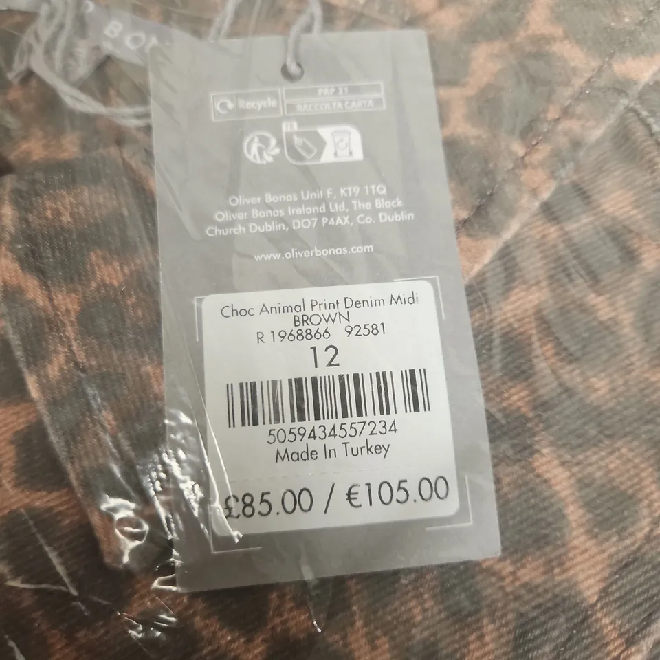 OLIVER BONAS ANIMAL PRINT DENIM MIDI DRESS – BROWN, UK 12