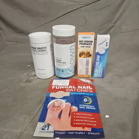 TOTE OF APPROXIMATELY 20 ASSORTED HEALTHCARE PRODUCTS TO INCLUDE BONE BROTH COLLAGEN CAPSULES - FUNGAL NAIL PATCHES AND BEE VENOM PSORIASIS CARE CREAM