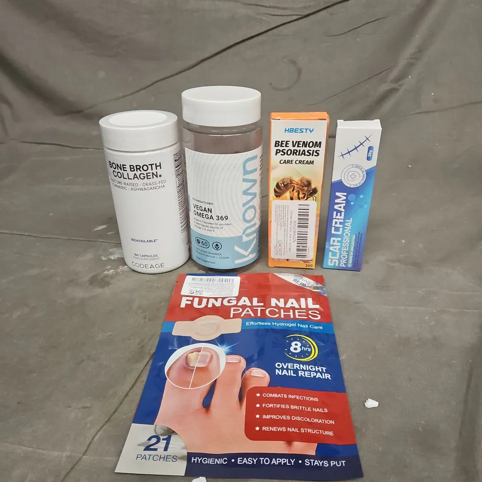 TOTE OF APPROXIMATELY 20 ASSORTED HEALTHCARE PRODUCTS TO INCLUDE BONE BROTH COLLAGEN CAPSULES - FUNGAL NAIL PATCHES AND BEE VENOM PSORIASIS CARE CREAM