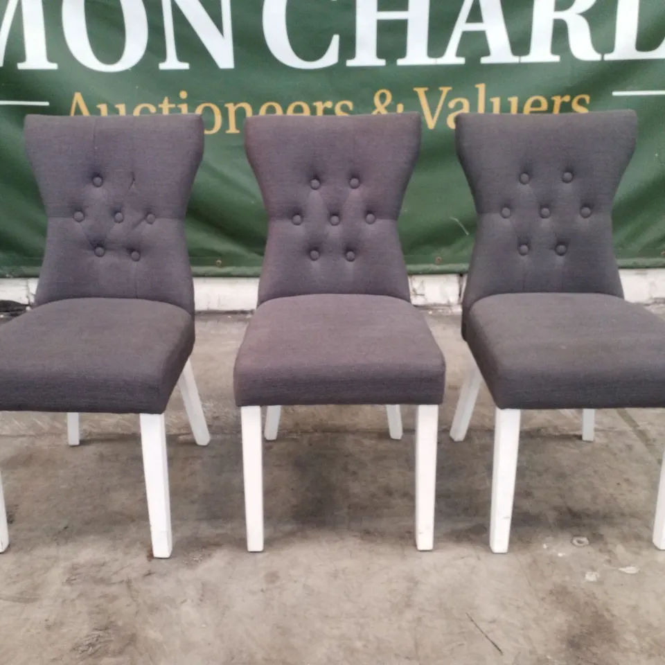 SET OF 3 BEWLEY SLATE FABRIC BUTTON BACK DINING CHAIRS (WHITE LEGS)