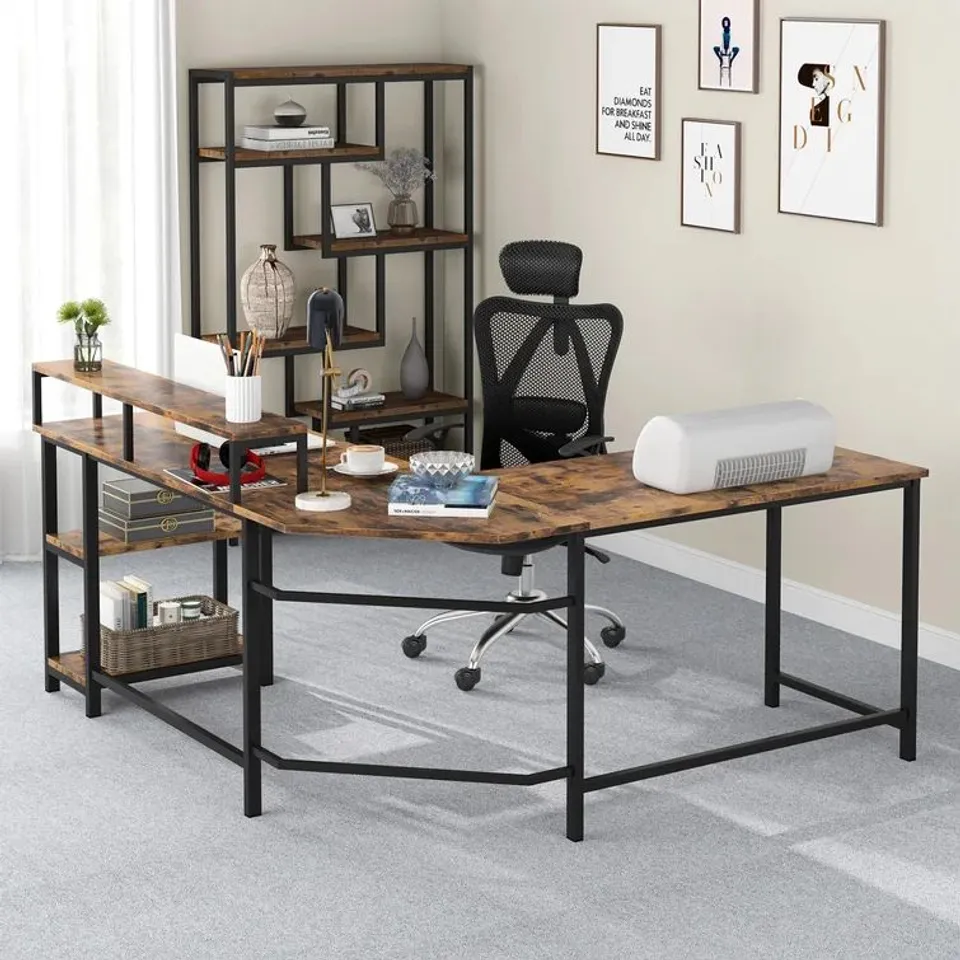 BOXED L SHAPED COMPUTER DESK - RUSTIC BROWN