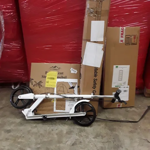 PALLET OF ASSORTED HOUSEHOLD GOODS AND PRODUCTS TO INCLUDE; SCOOTER, BEACH TENT, SAFETY GATE, BOXED FURNITURE ETC