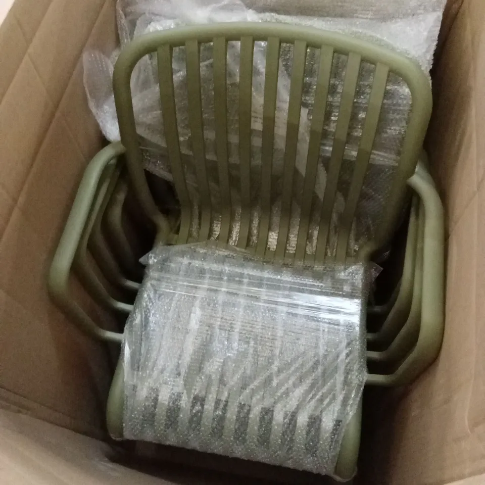 BOXED SET OF 4 GREEN PLASTIC OUTDOOR DINING CHAIRS