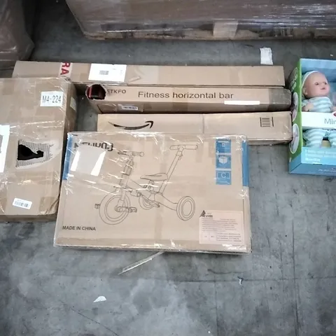 PALLET OF ASSORTED ITEMS INCLUDING VANGOA VIOLIN, AETKFO FITNESS HORIZONTAL BAR, MELISSA&DOUG 2 DOLLS WITH DUMMIES, COLORFEY PET RAMP, MULTIPURPOSE COVER