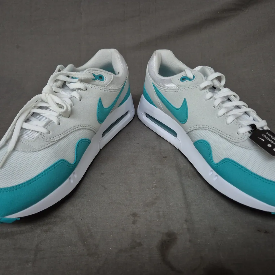 BOXED PAIR OF NIKE AIR MAX 1 '86 SHOES IN WHITE/CYAN UK SIZE 10