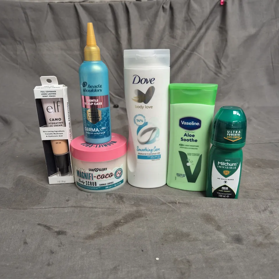 APPROXIMATEY 20 HEALTH AND BEAUTY PRODUCTS TO INCLUDE DOVE BODY LOTION, MITCHUM DEODORANT AND SOAP & GLORY BODY SCRUB