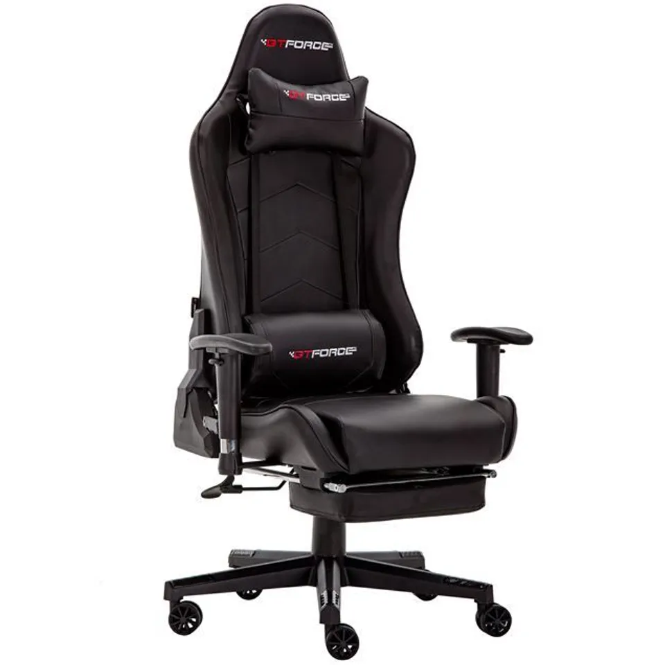 BOXED DESIGNER GT FORCE FORMULA PS LEATHER RACING SPORTS OFFICE CHAIR WITH FOOTSTOOL IN BLACK 