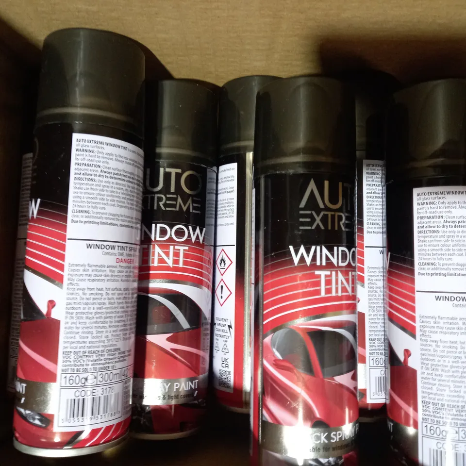 BOX OF APPROXIMATELY 10 ASSORTED HOUSEHOLD ITEMS TO INCLUDE 151 SPRAY PAINT, CAUSTIC SODA DRAIN CLEANER, AUTO EXTREME WINDOW TINT, ETC
