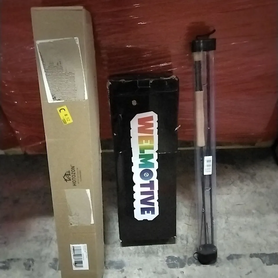 PALLET OF HOUSEHOLD ITEMS TO INCLUDE FISHING ROD, KICK SCOOTER, CURTAIN ROD AND OTHER ASSORTED ITEMS...