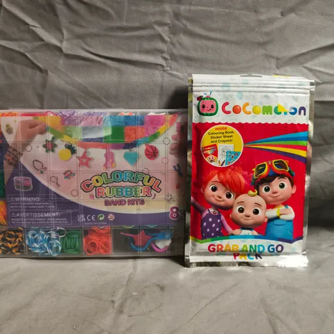 BOX OF APPROXIMATELY 10 ASSORTED TOYS AND GAMES TO INCLUDE COLOURFUL RUBBER BANDS, COCOMELON GRAB AND GO PACK, ETC