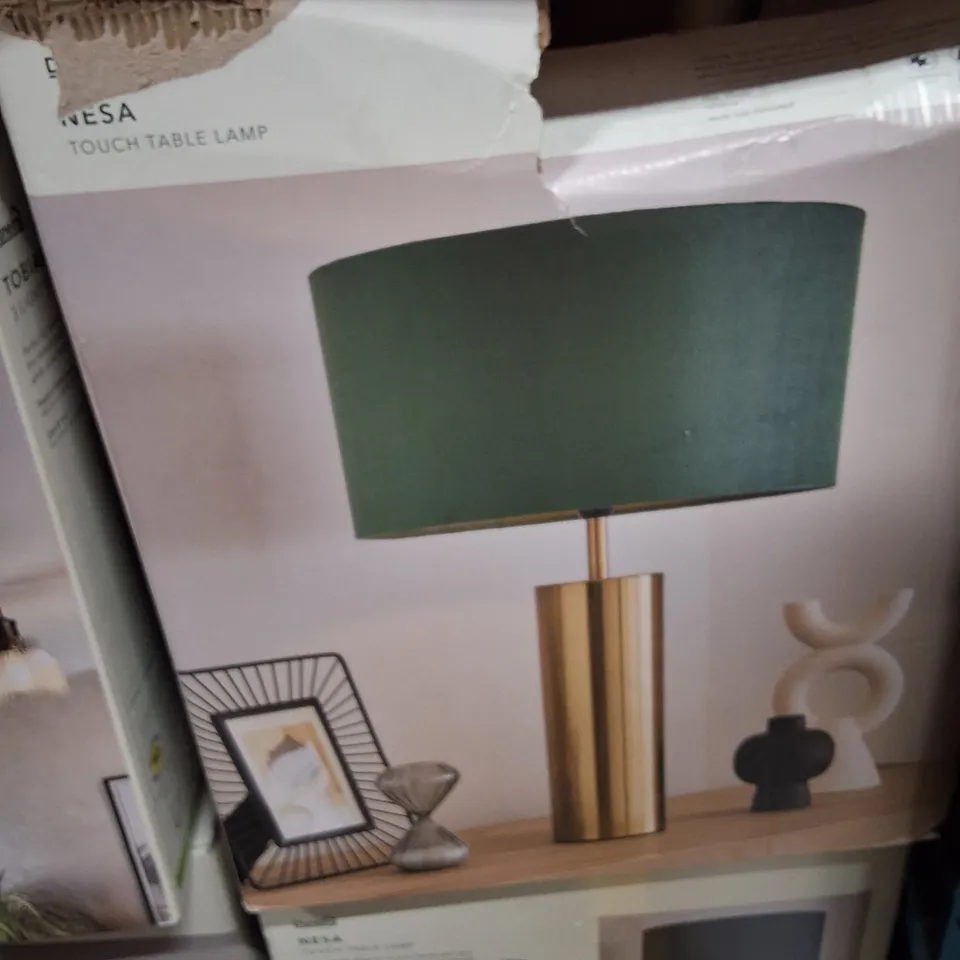 BOXED NESA TOUCH TABLE LAMP (GREEN SHADE, BRASS BASE)