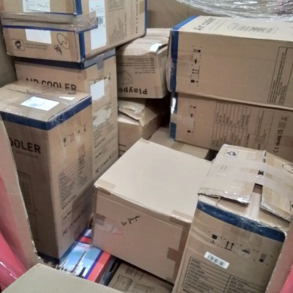 PALLET OF ASSORTED HOUSEHOLD ITEMS AND CONSUMER PRODUCTS TO INCLUDE; LARGE QUANTITY OF AIR COOLERS, BABY PLAYPEN, BLENDER, NAAN & CHAPATI MAKER ETC
