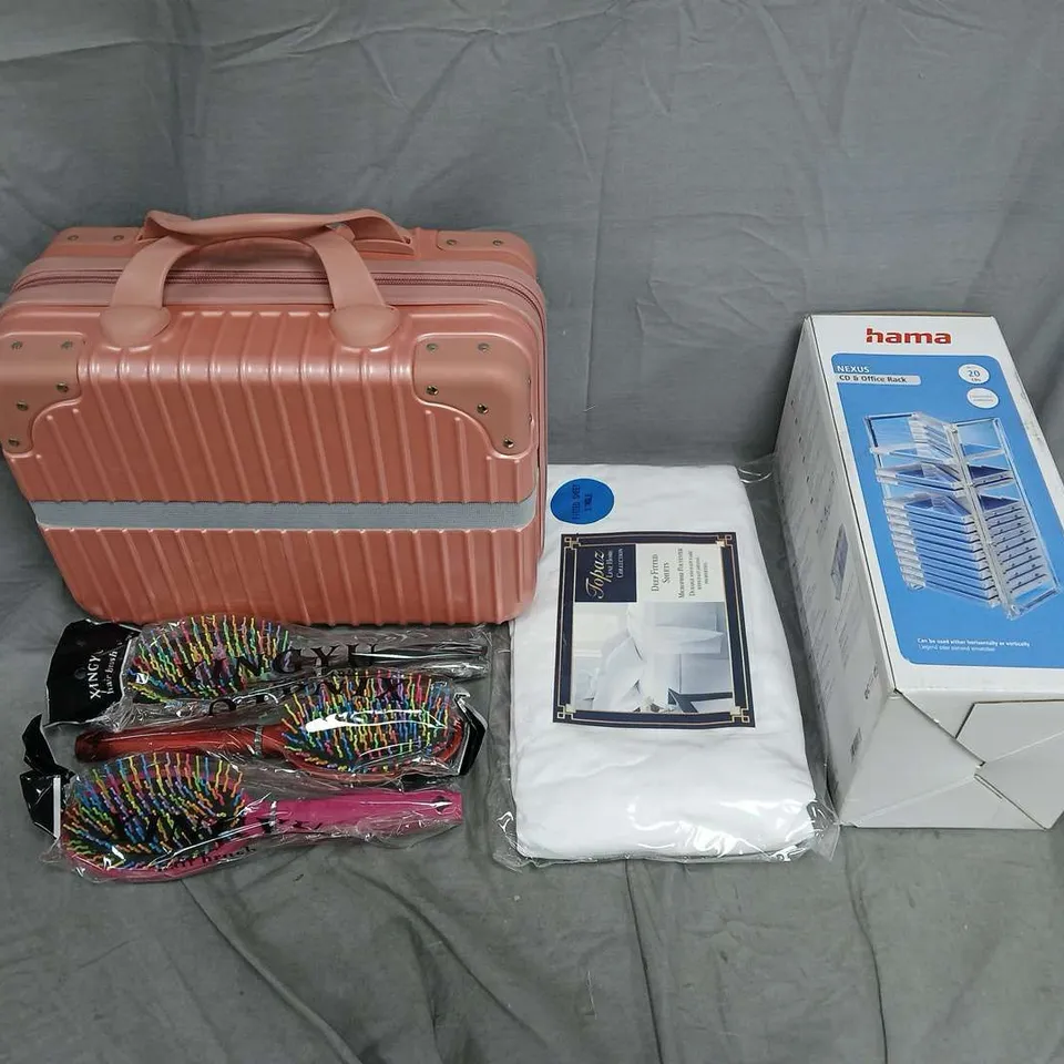 BOX OF APPROXIMATELY 10 ASSORTED HOUSEHOLD ITEMS TO INCLUDE - HAIRBRUSHES - CARRY CASE - CD & OFFICE RACK - ETC