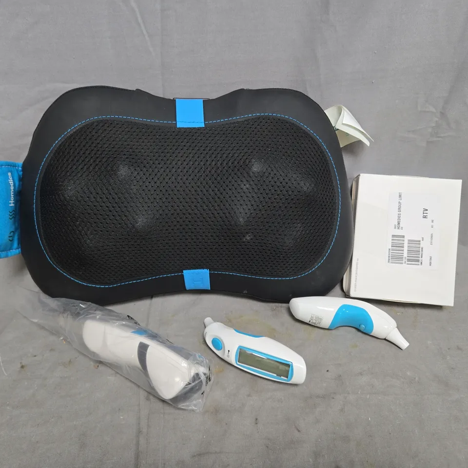 BOX OF APPROXIMATELY 5 ASSORTED HOUSEHOLD ITEMS TO INCLUDE THERMOMETERS, MASSAGER, ETC