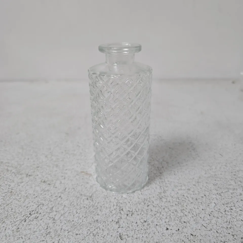 SET OF 12 CLEAR DIAMOND-CUT GLASS BOTTLES, BOXED