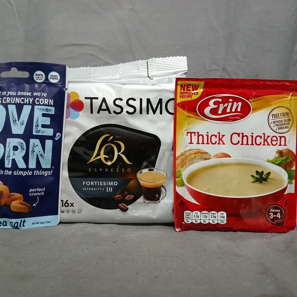 APPROXIMATELY 10 ASSORTED FOOD AND DRINK ITEMS TO INCLUDE ERIN, TASSIMO, LOVE CORN, ETC