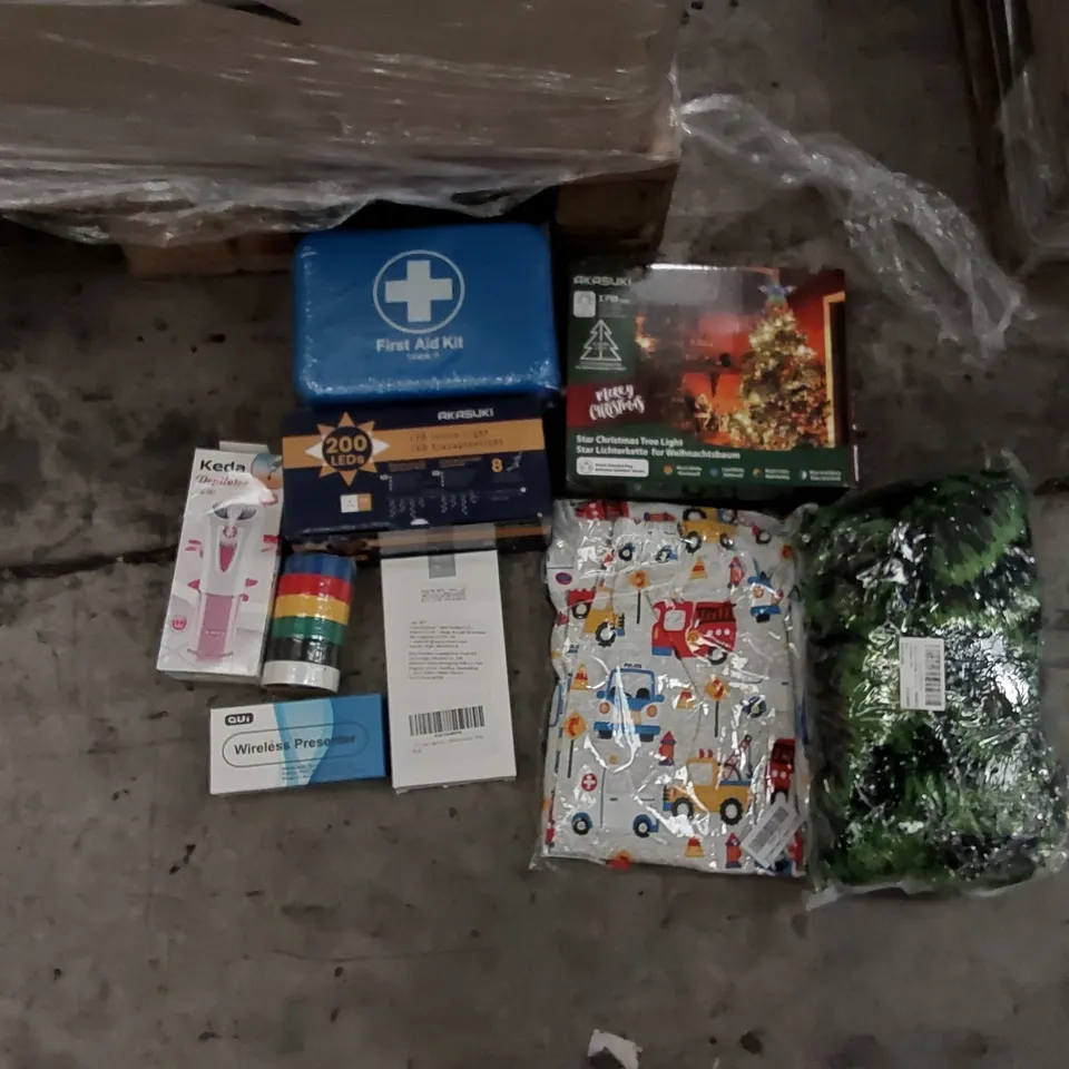PALLET OF ASSORTED ITEMS INCLUDING: FIRST AID KIT, CHRISTMAS LIGHTS, ELECTRICAL TAPE, TINSEL, BOYS PYJAMAS, PHONE CASE, DEPILATOR, PRESENTATION POINTER