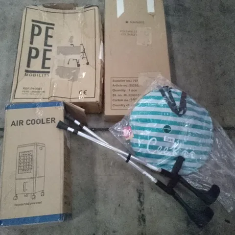 PALLET OF ASSORTED ITEMS INCLUDING AIR COOLER, PEPE ROLLATOR, NAVARIS FOLDABLE PLAY MAT, POPUP TENT, PEPE CRUTCHES, RHINOSPORT DOOR PULL-UP BAR