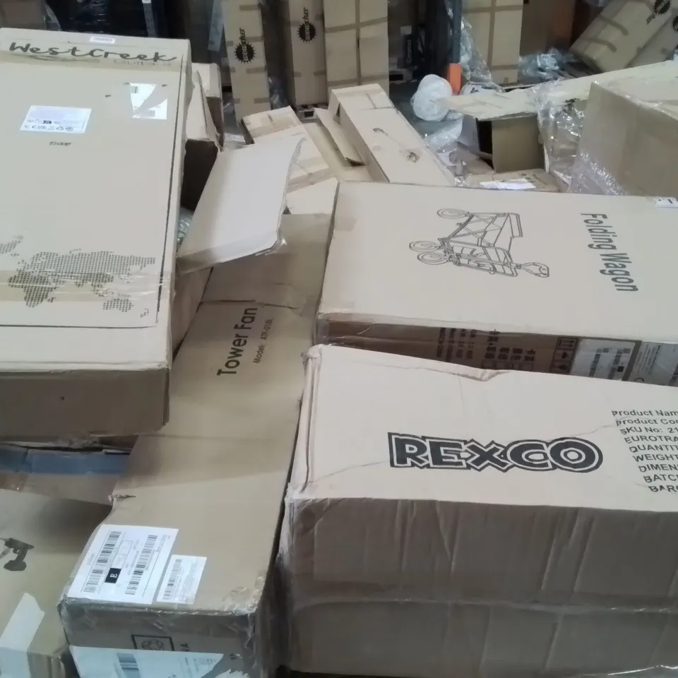 PALLET CONTAINING VARIOUS ASSORTED BOXED ITEMS TO INCLUDE. ELECTRIC GUITAR, TOWER FAN, FOLDING WAGON, SWING CAR IN BLUE, HANDHELD PRESSURE WASHER AND LOTS MORE UNMARKED BOXED ITEMS 