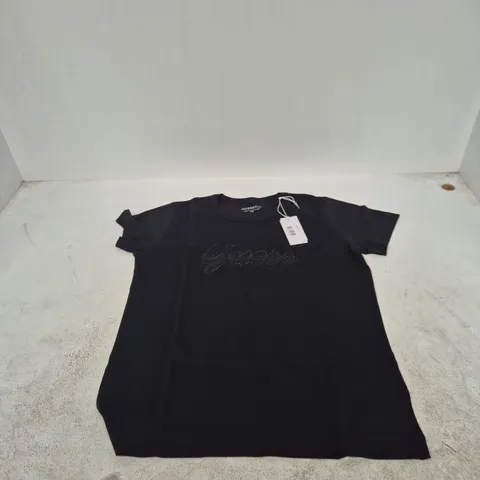 GUESS BLACK T-SHIRT WITH RHINESTONE SCRIPT LOGO – WOMEN’S, SIZE L