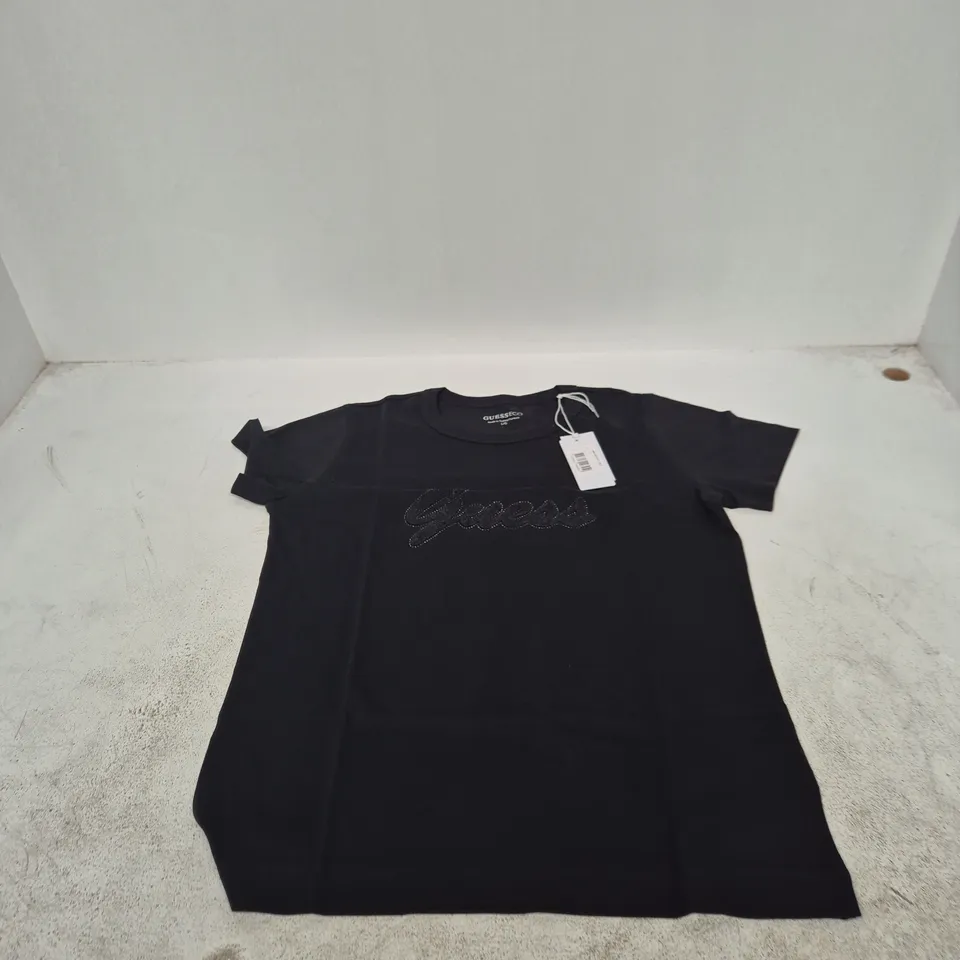 GUESS BLACK T-SHIRT WITH RHINESTONE SCRIPT LOGO – WOMEN’S, SIZE L