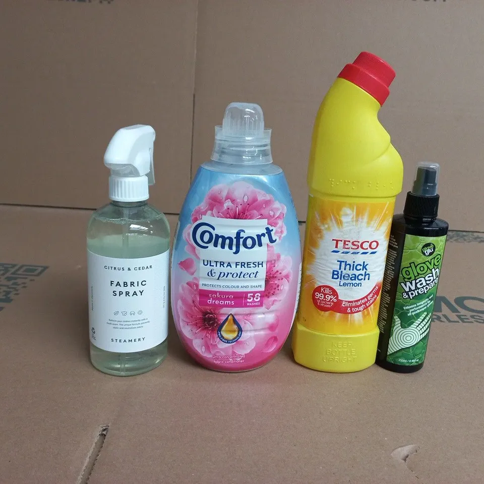 APPROXIMATELY 15 ASSORTED HOUSEHOLD LIQUIDS TO INCLUDE COMFORT FABRIC CONDITIONER, STEAMERY FABRIC SPRAY AND THICK BLEACH