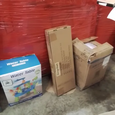 PALLET OF ASSORTED HOUSEHOLD GOODS AND PRODUCTS TO INCLUDE;AIR CONDITIONING UNIT,VACUUM STAND,WATER TABLE