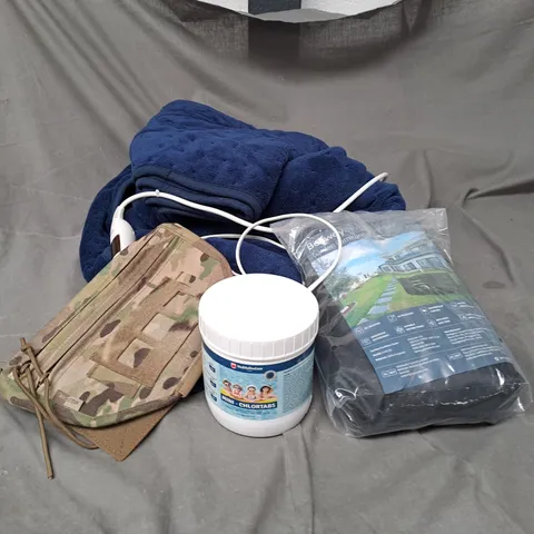 APPROXIMATELY 20 ASSORTED HOUSEHOLD PRODUCTS TO INCLUDE HEATED BLANKET, BEEWAY OUTDOOR COVER, MINI CHLOROTABS, ETC