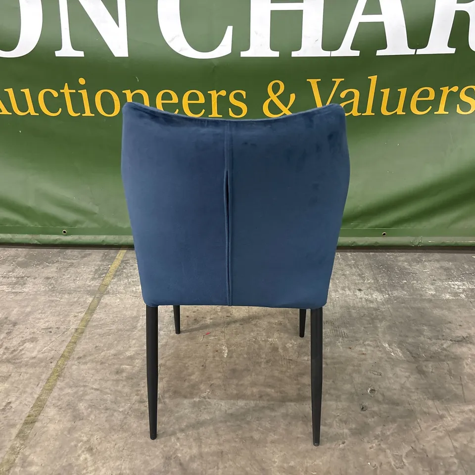 DESIGNER BLUE VELVET DINING CHAIR WITH BLACK METAL LEGS 