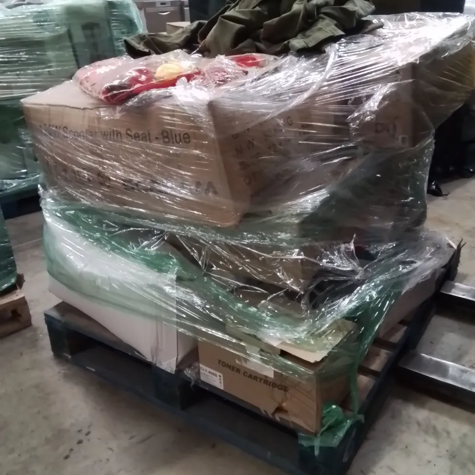 PALLET OF ASSORTED HOUSEHOLD GOODS AND PRODUCTS TO INCLUDE;FIREMAN KIDS DRESS UP,OVERALLS,TONER CARTRIDGE,STEAM CLEANER 
