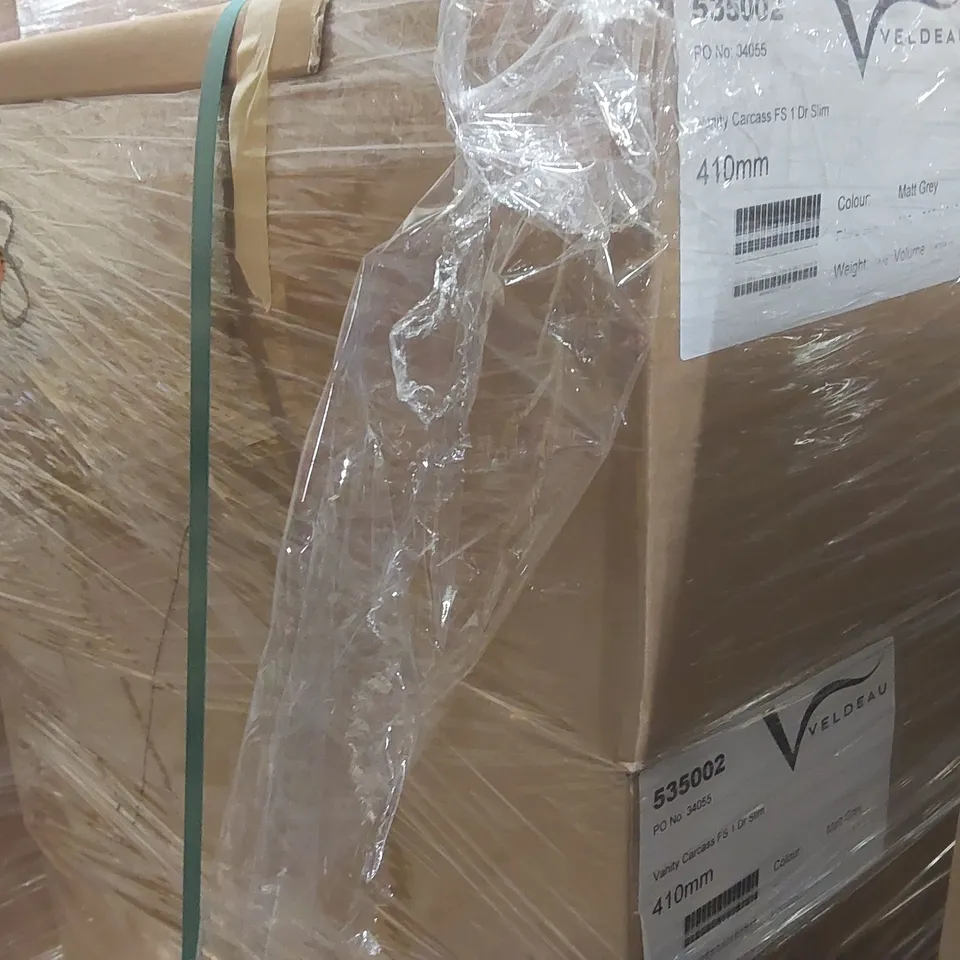 PALLET CONTAINING A LARGE QUANTITY OF ASSORTED BATHROOM FURNITURE PARTS INCLUDING: VELDEAU VANITY CARCASSES ECT