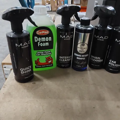 BOX OF ASSORTED CAR CLEANING PRODUCTS INCLUDING DEM9N FOAM SNOW FOAM CAR SHAMPOO