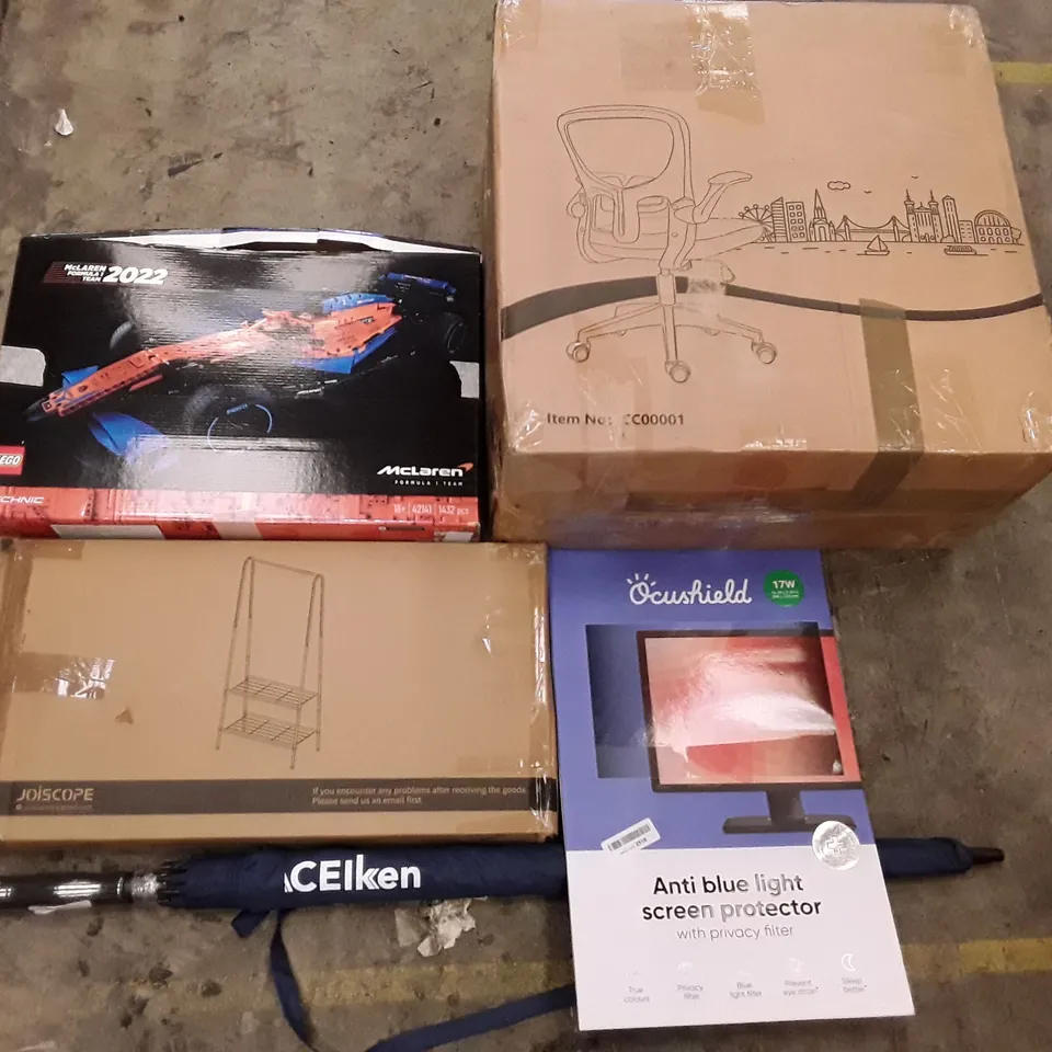 PALLET OF ASSORTED PRODUCTS INCLUDING OFFICE CHAIR, ANTI BLUE LIGHT SCREEN PROTECTOR, LEGO MCLAREN, UMBRELLA, CLOTHES RACK