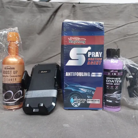 APPROXIMATELY 10 ASSORTED CAR ACCESSORIES AND PRODUCTS TO INCLUDE SPRAY COATING AGENT, CATALYTIC CONVERTER CLEANER, ETC - COLLECTION ONLY