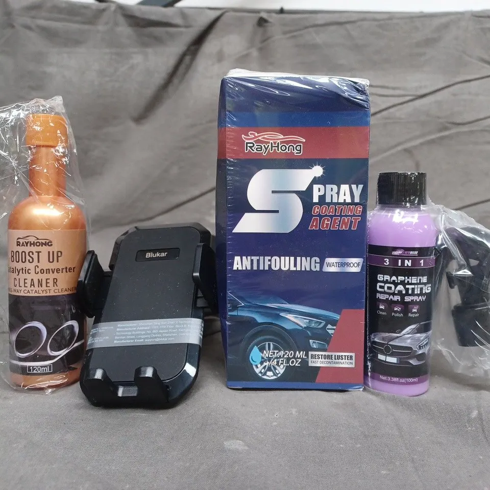 APPROXIMATELY 10 ASSORTED CAR ACCESSORIES AND PRODUCTS TO INCLUDE SPRAY COATING AGENT, CATALYTIC CONVERTER CLEANER, ETC - COLLECTION ONLY