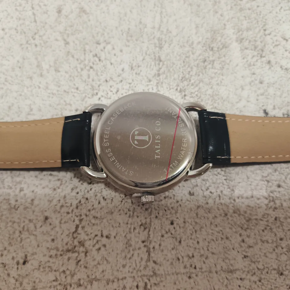TALIS CO. ANALOG WRISTWATCH – BLACK DIAL, ROMAN NUMERALS, LEATHER STRAP