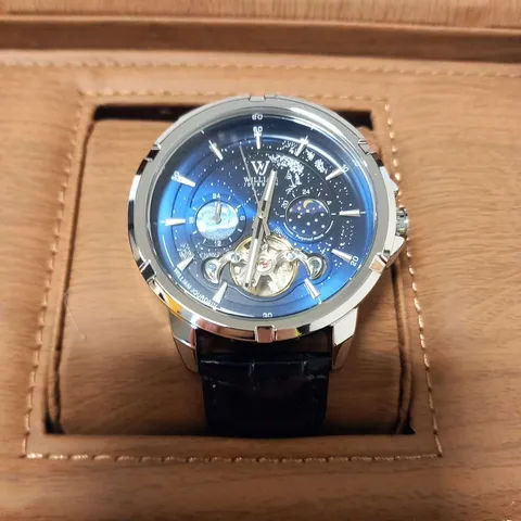 MENS WILLIAM JOURDAIN AUTOMATIC 2580 WATCH – OPEN HEART MOVEMENT WITH SUB DIALS – GLASS EXHIBITION BACK CASE – BLACK GENUINE LEATHER STRAP 1
