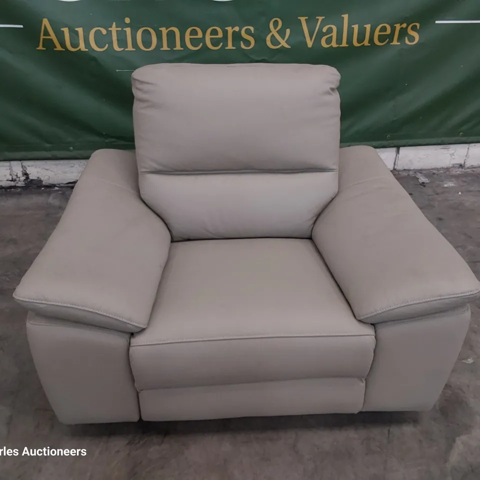 DESIGNER POWER RECLINING EASY CHAIR LIGHT GREY LEATHER 